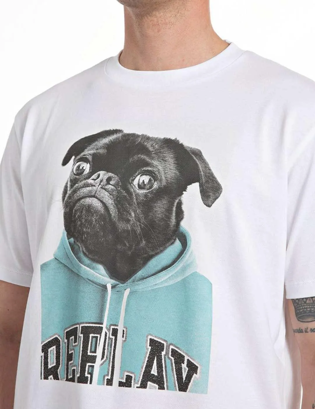 Camiseta Replay blanca dibujo de perro manga corta de hombre