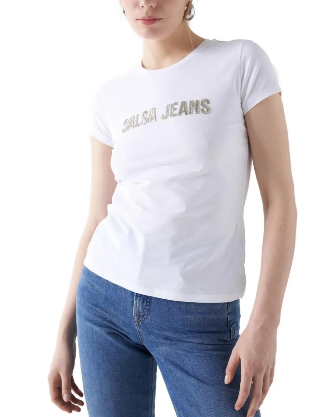 Camiseta Salsa blanca con abalorios de manga corta mujer