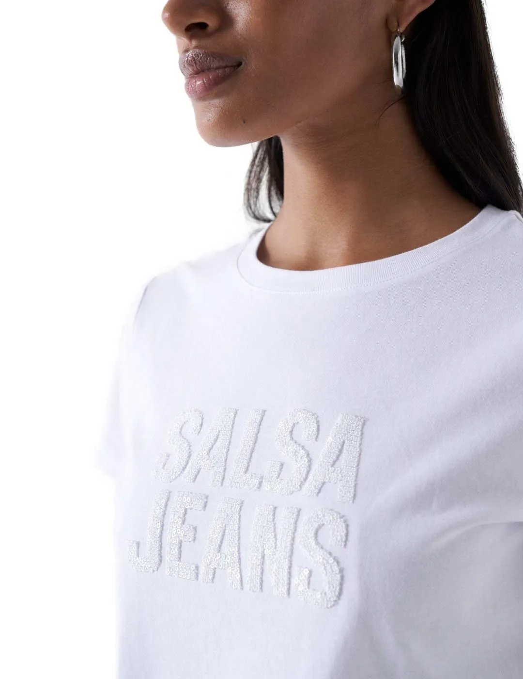 Camiseta Salsa blanca con cuentas manga corta de mujer