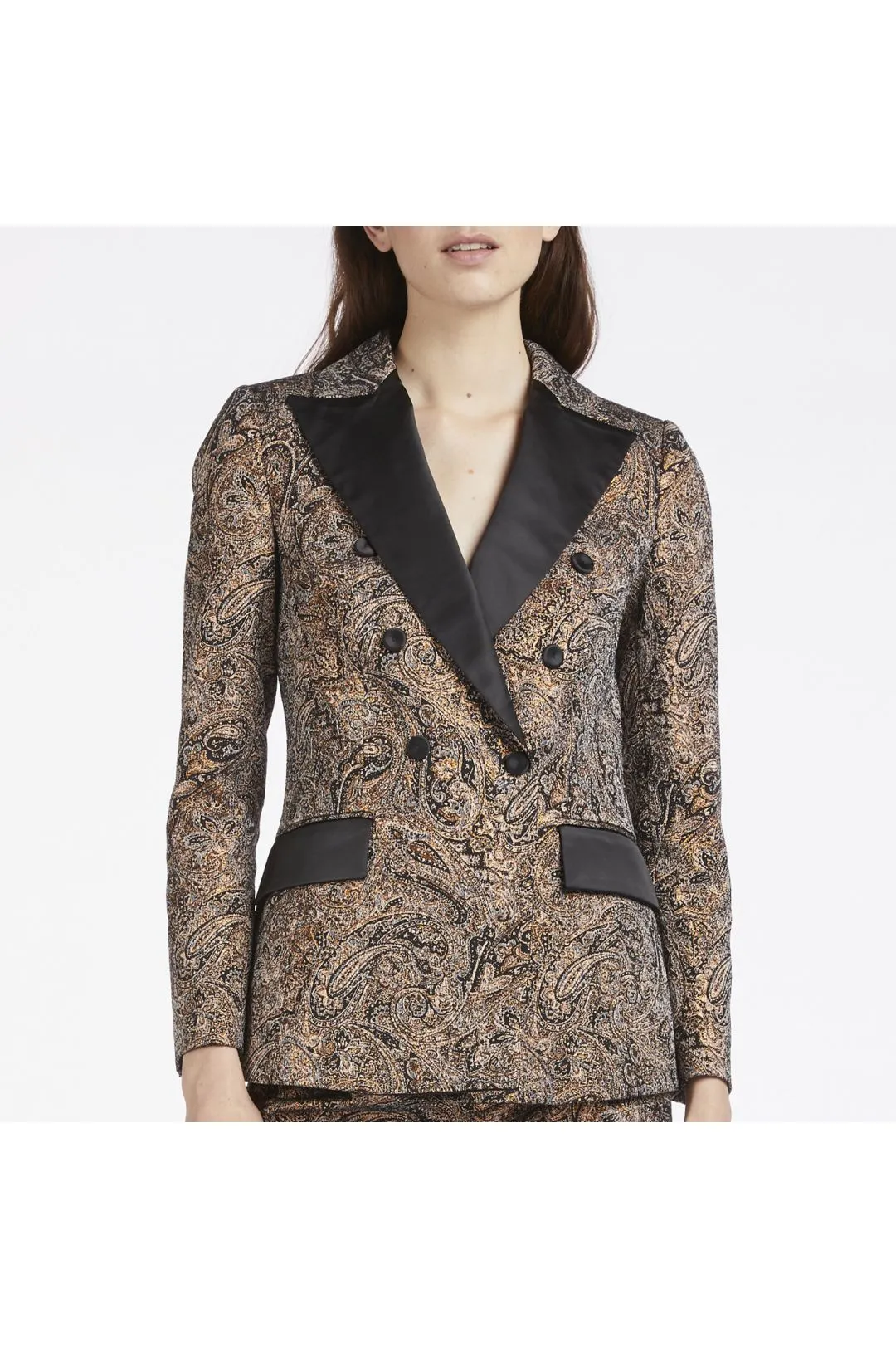 chaqueta con botonadura doble de tejido jacquard con detalles en raso