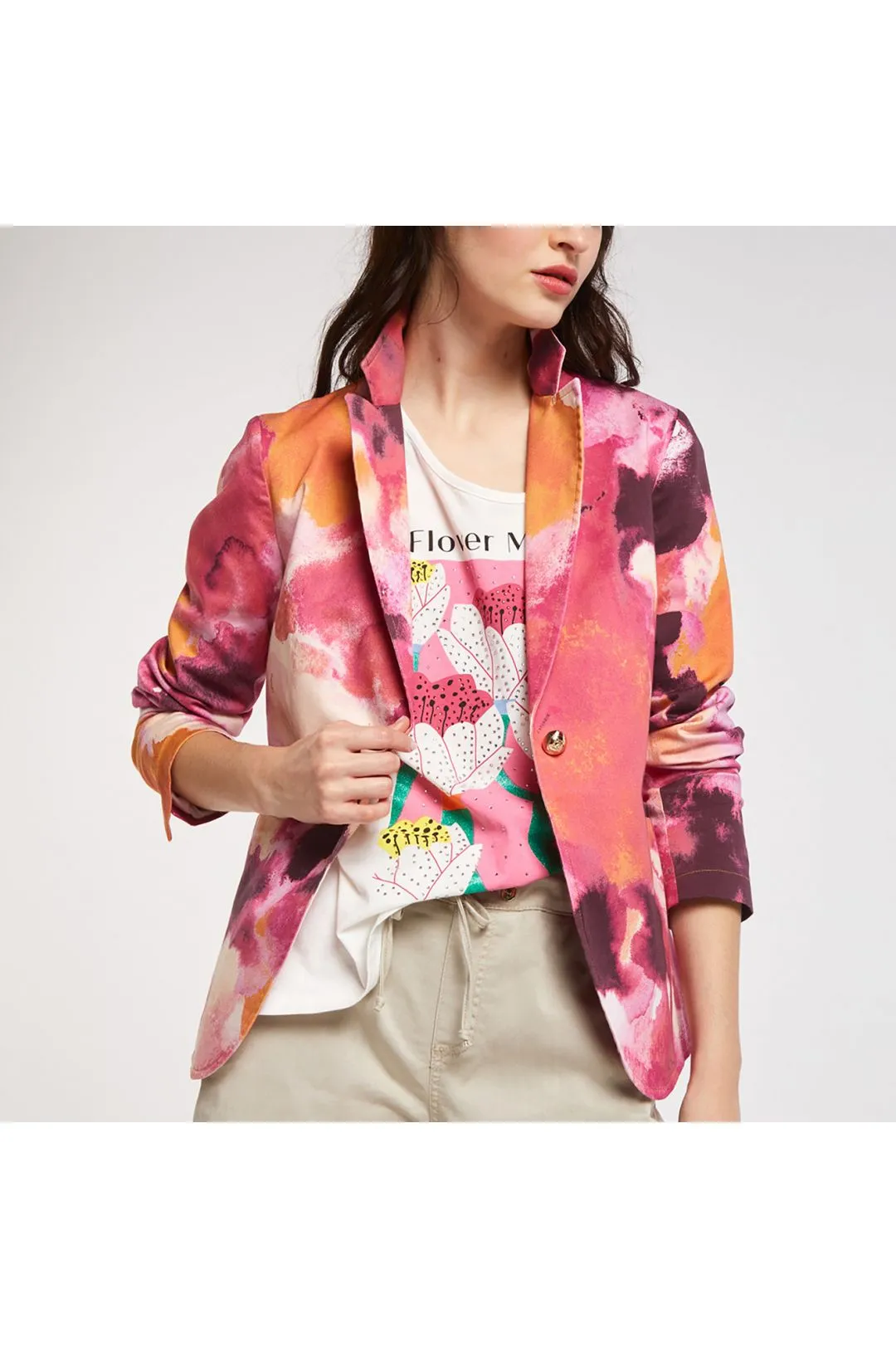 chaqueta estampada de botonadura simple en algodón elástico multi pink camouflage