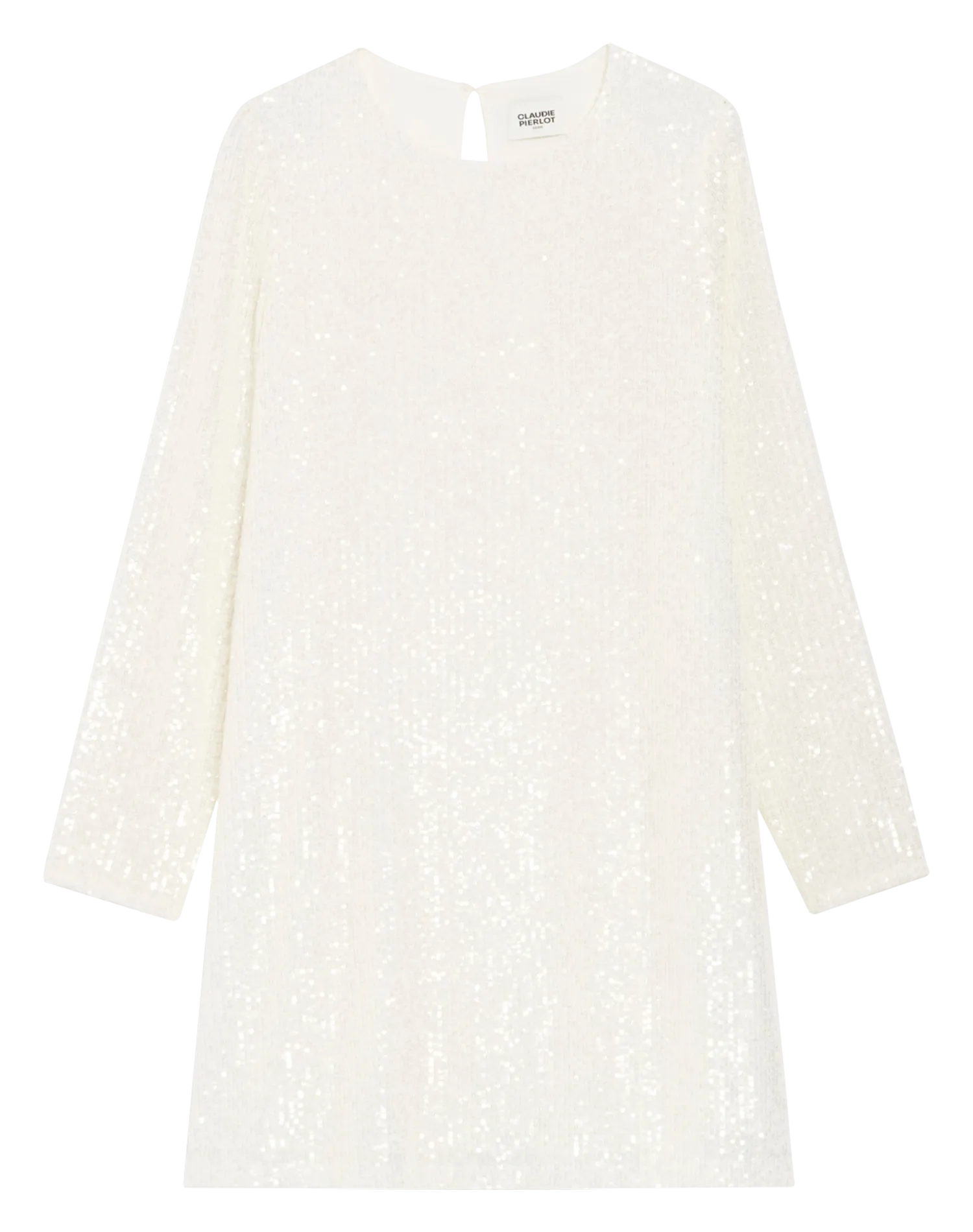 Vestido corto con cuello redondo y lentejuelas en blanco