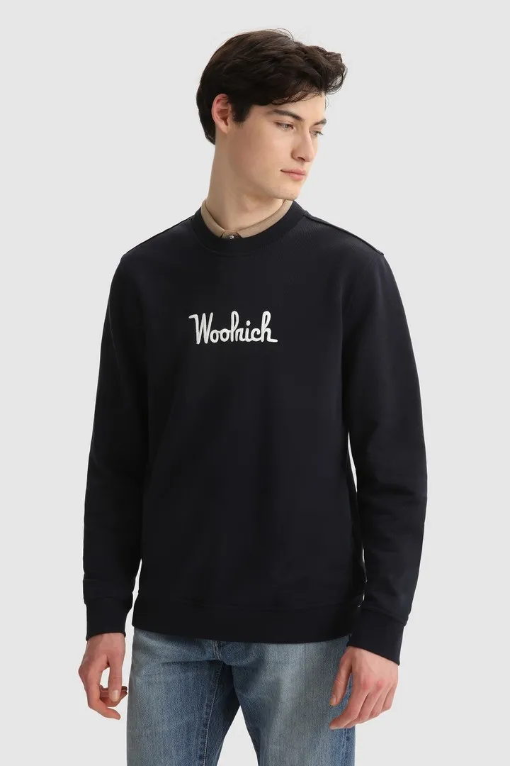 WOOLRICH ESSENTIAL CREWNECK SWEATSHIRT ORGANIC COTTON MELTON BLUE