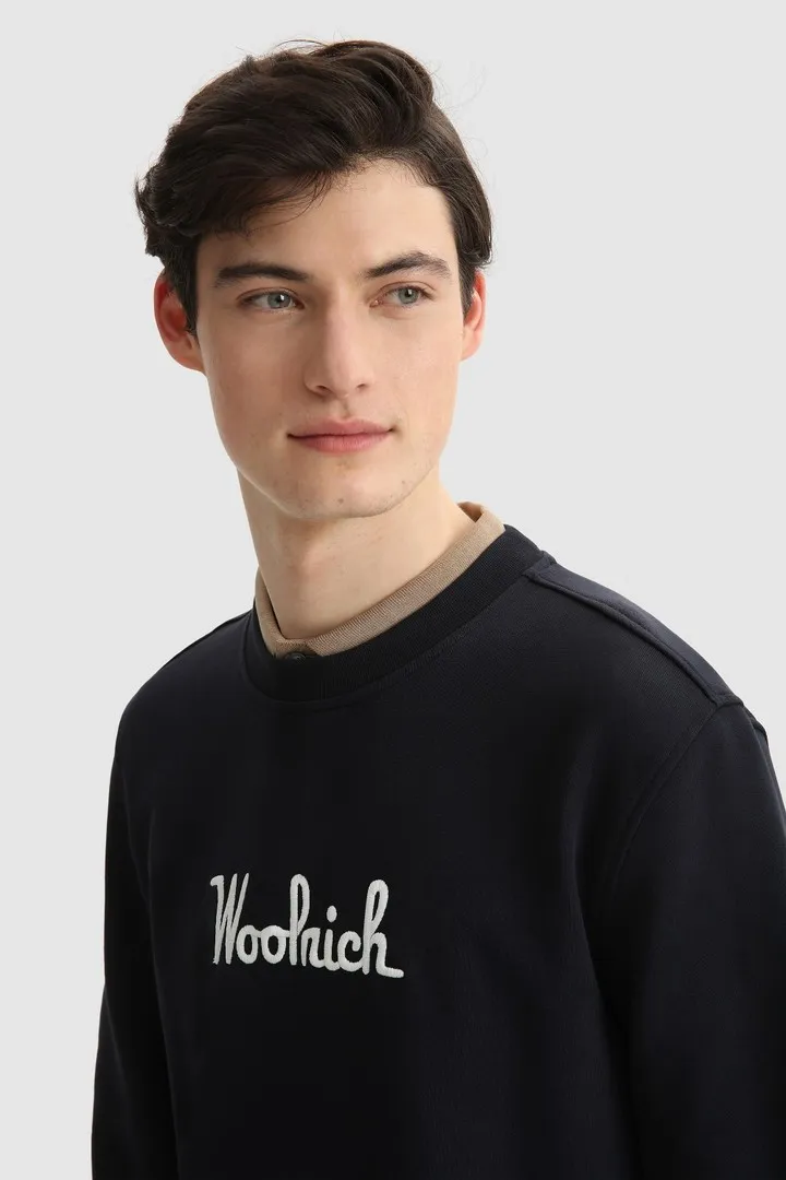 WOOLRICH ESSENTIAL CREWNECK SWEATSHIRT ORGANIC COTTON MELTON BLUE